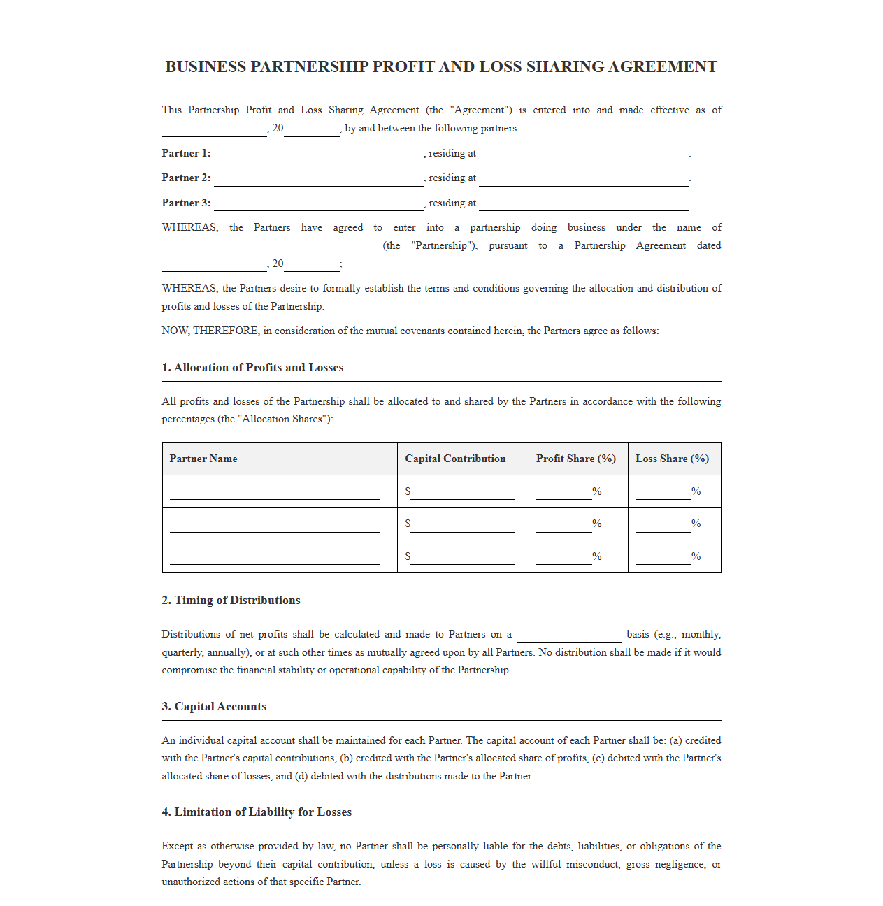 Business Partnership Profit and Loss Sharing Agreement