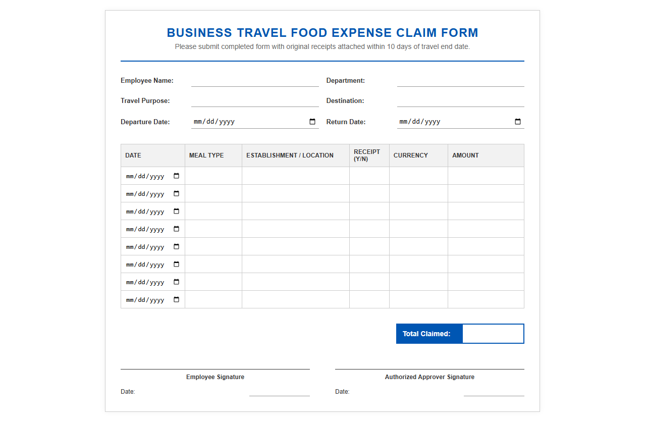 Business Travel Food Expense Claim Form
