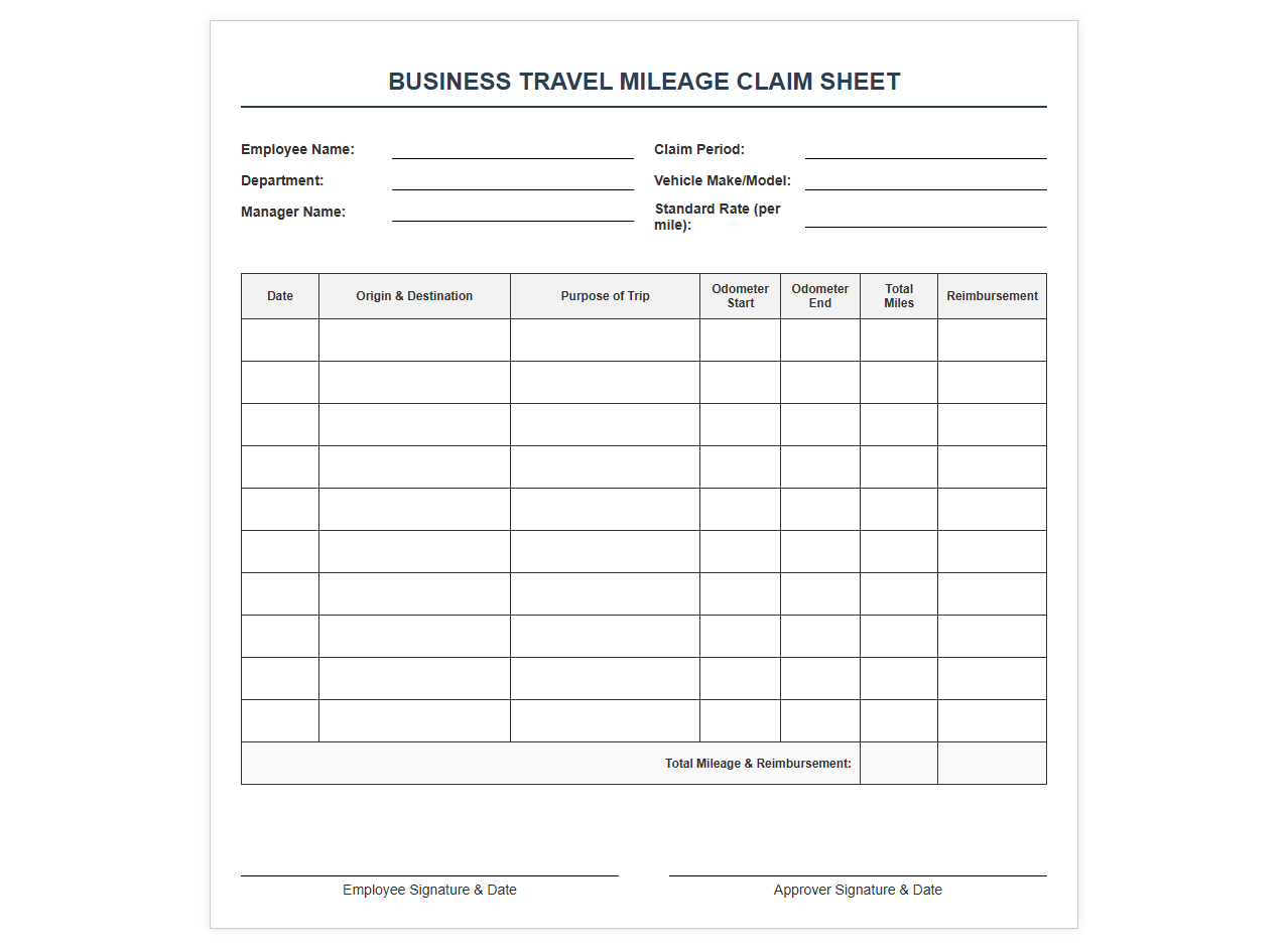 Business Travel Mileage Claim Sheet