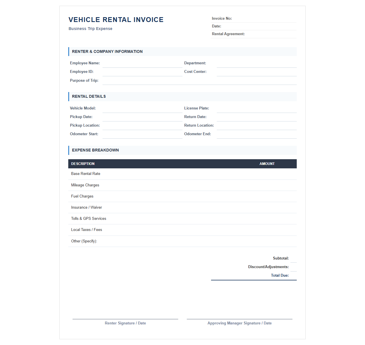 Business Trip Vehicle Rental Invoice Form