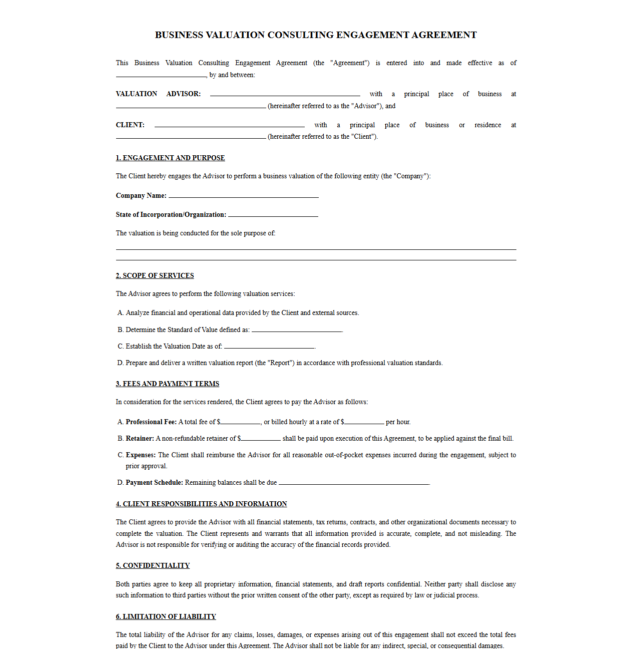 Business Valuation Consulting Engagement Agreement