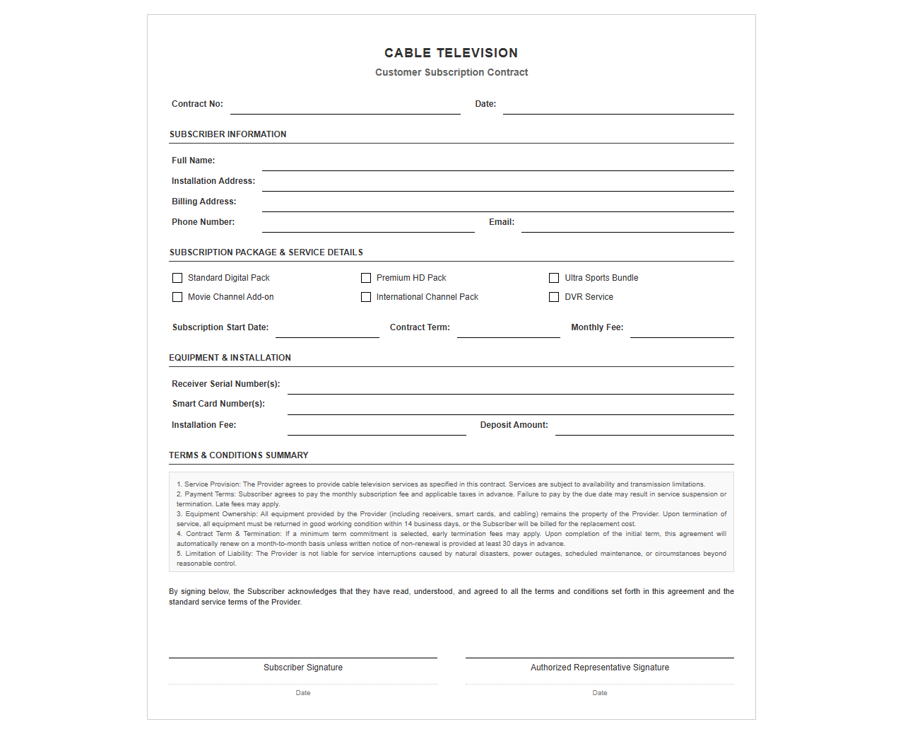 Cable TV Customer Subscription Contract