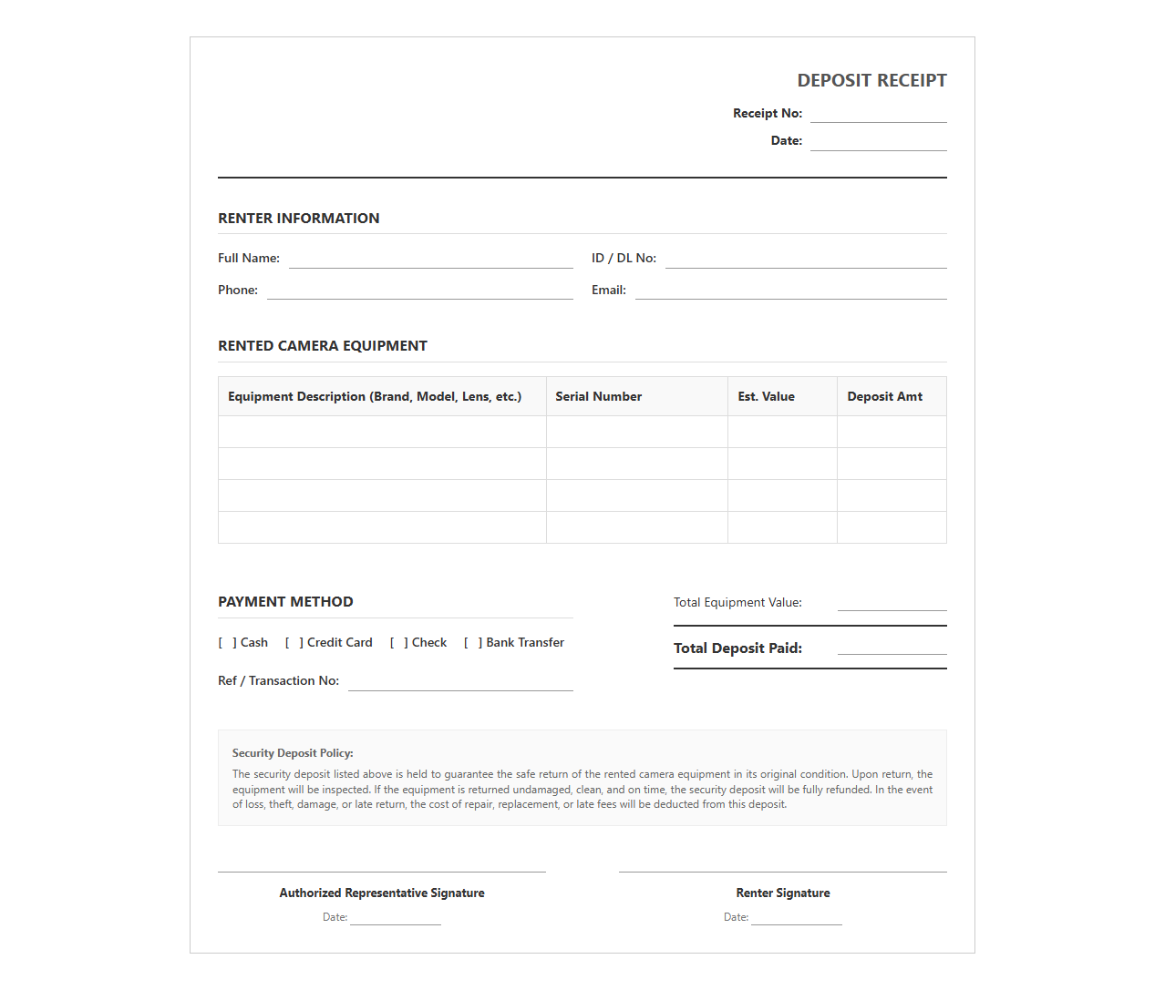 Camera Equipment Rental Security Deposit Receipt