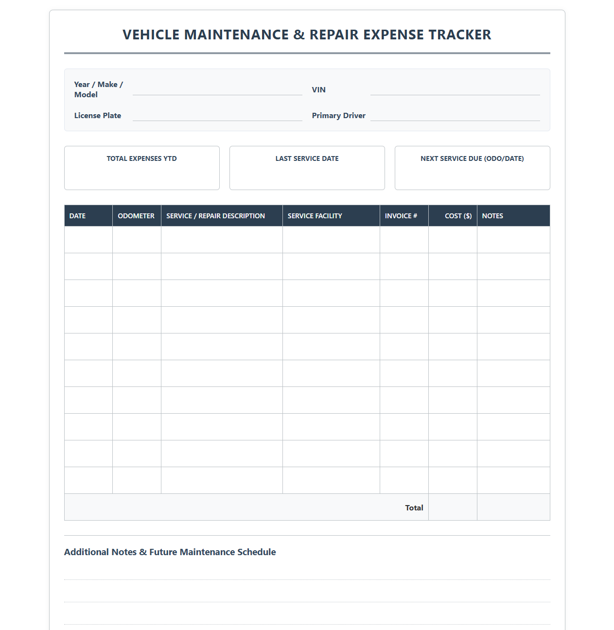 Car Repair and Service Expense Tracker