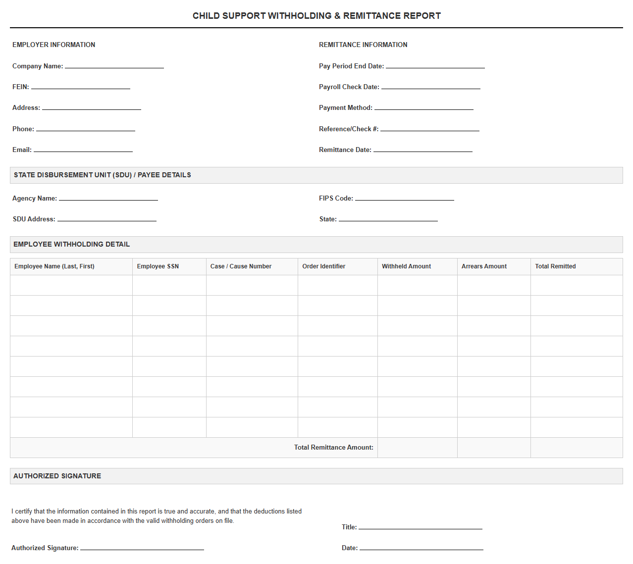 Child Support Payee and Remittance Payroll Template