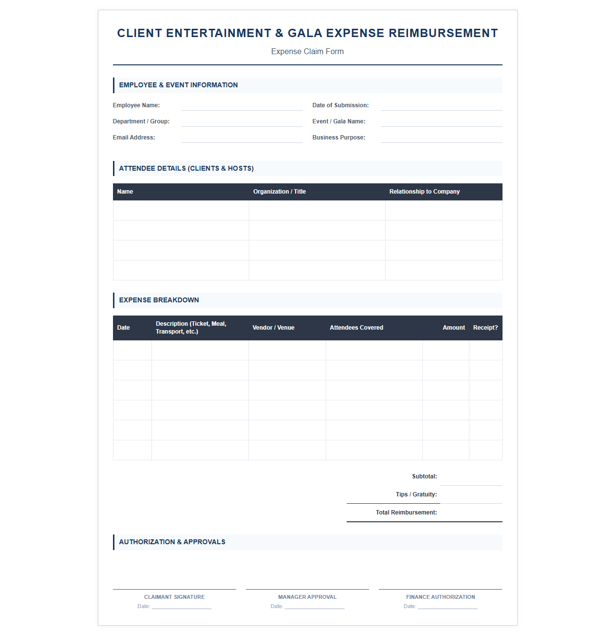 Client Entertainment and Gala Expense Reimbursement Template