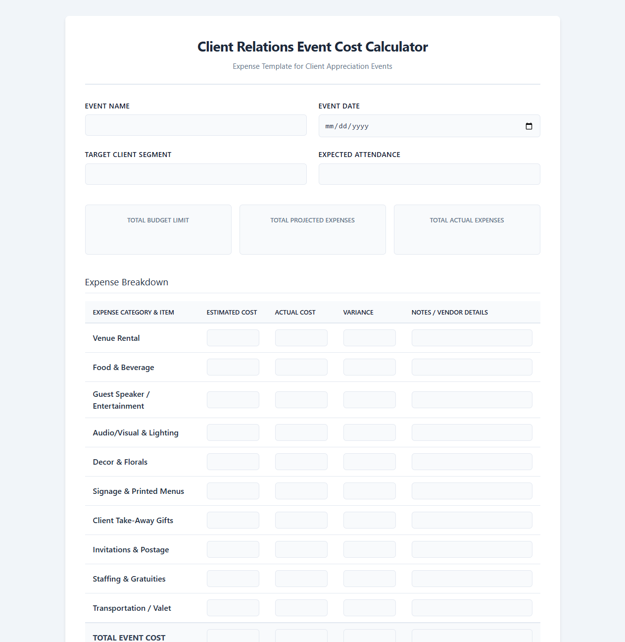 Client Relations Event Cost Calculator