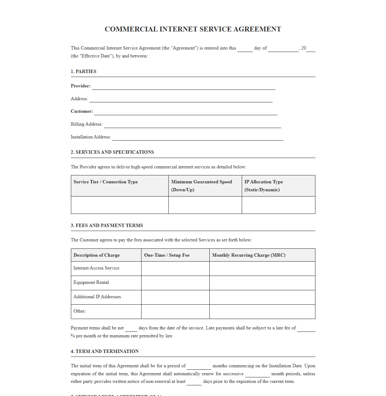 Commercial Internet Service Agreement