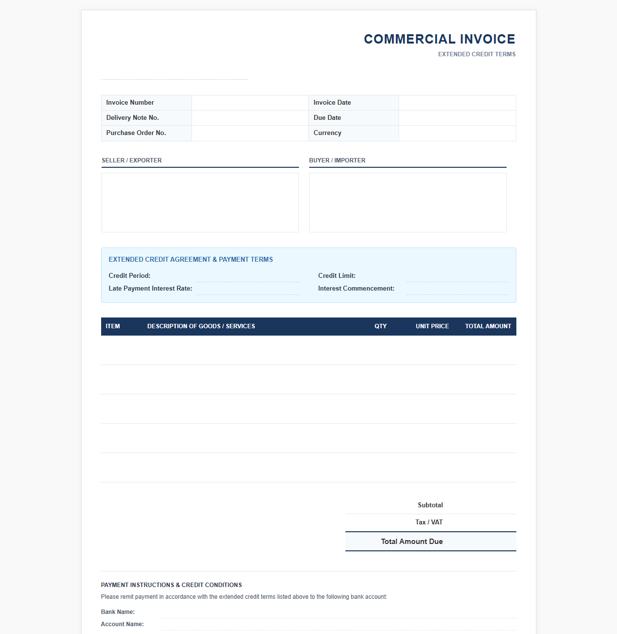Commercial Invoice with Extended Credit Terms