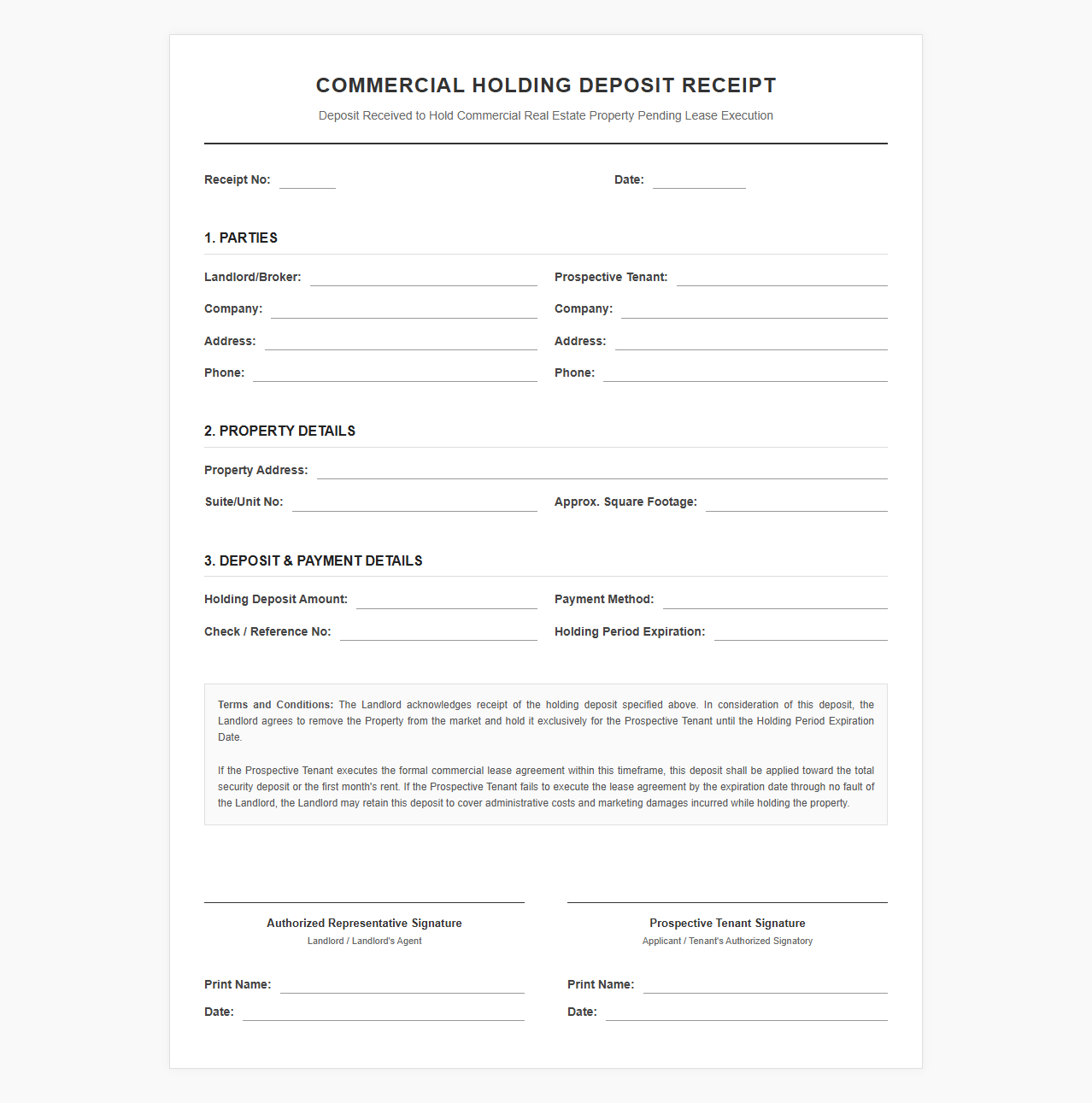 Commercial Property Holding Deposit Receipt Template