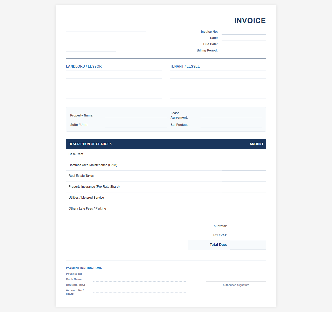 Commercial Property Lease Invoice Template