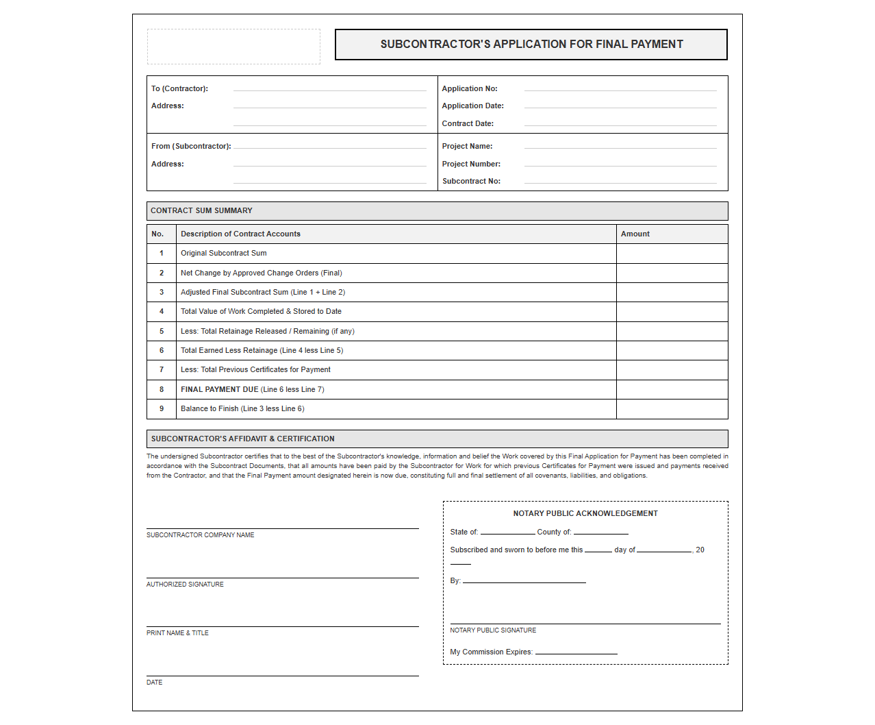 Commercial Subcontractor Final Payment Application Template