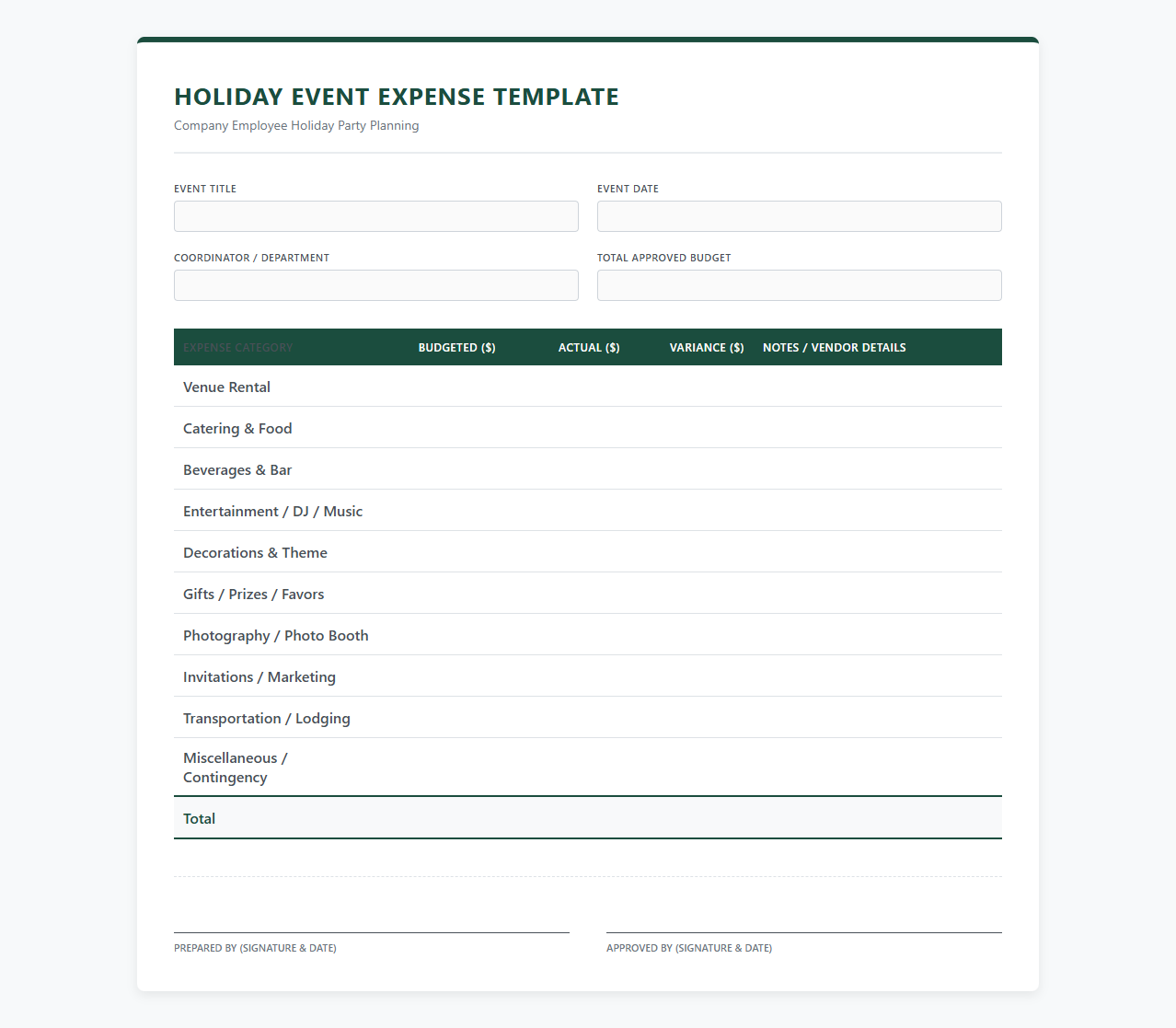 Company Holiday Event Expense Template