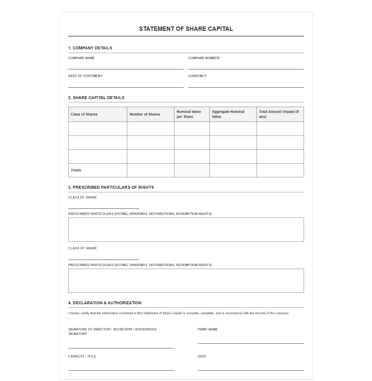 Company Share Capital Statement Form