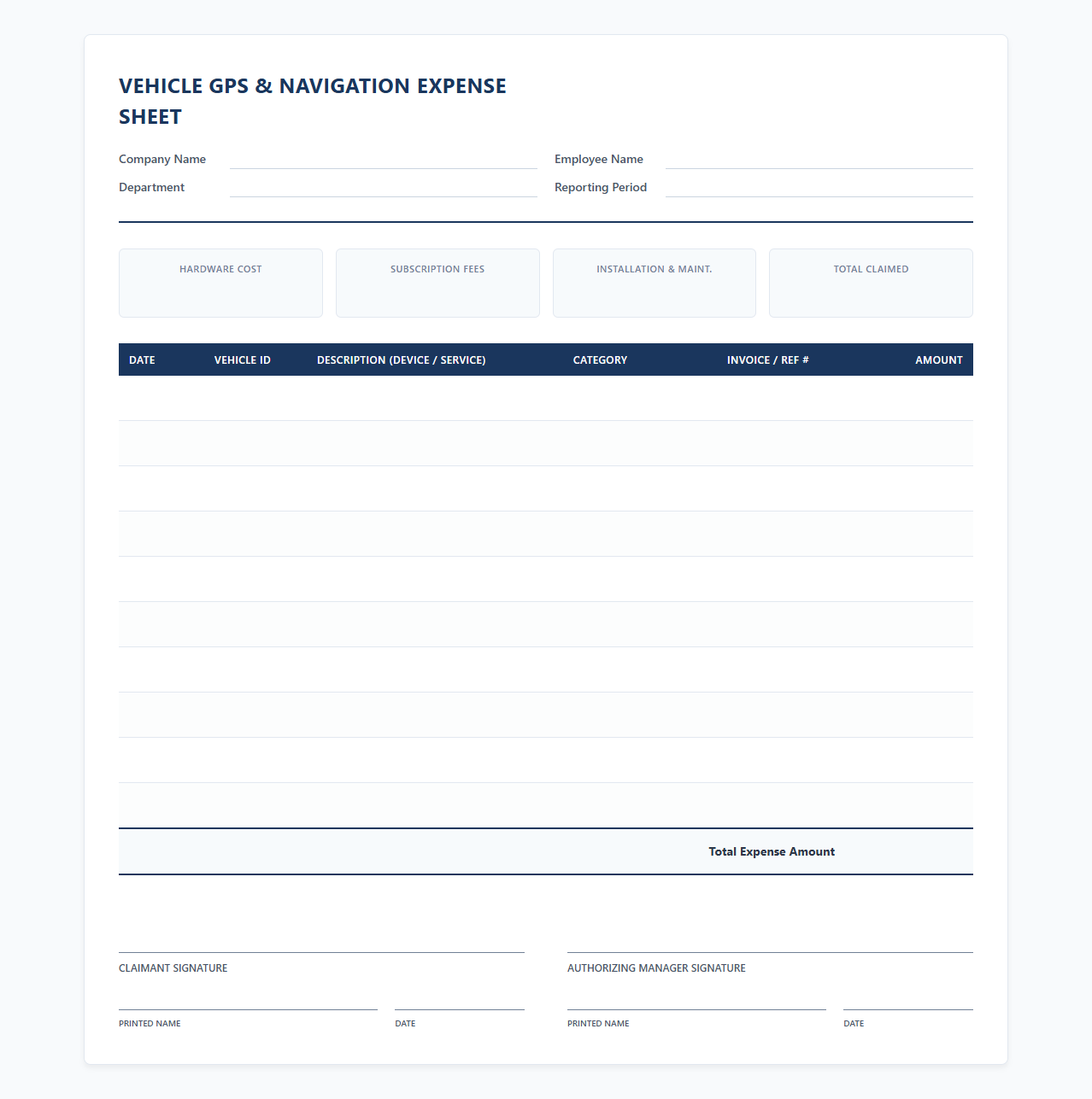 Company Vehicle Navigation and Tracking Expense Sheet