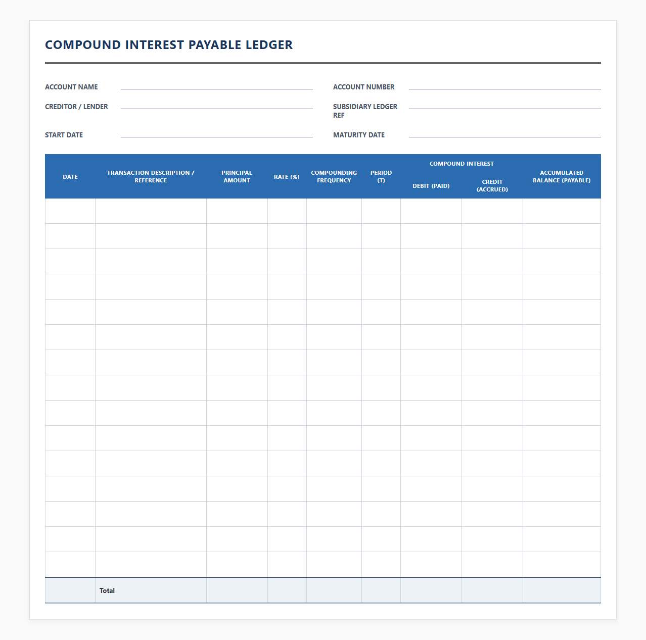 Compound Interest Payable Ledger Template