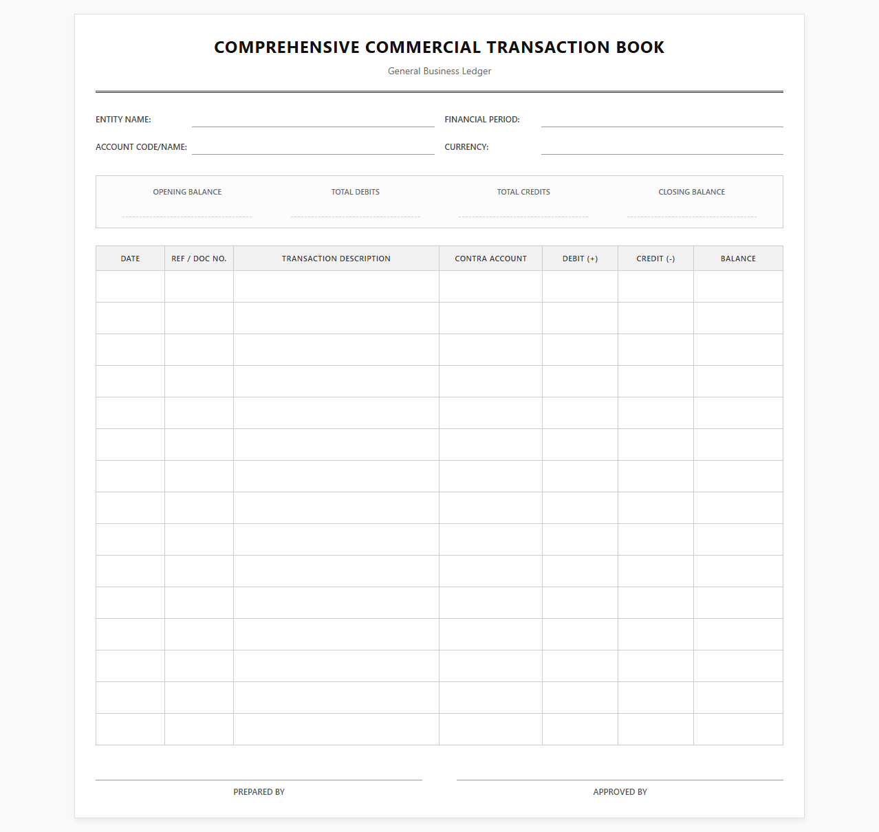 Comprehensive Commercial Transaction Book Template