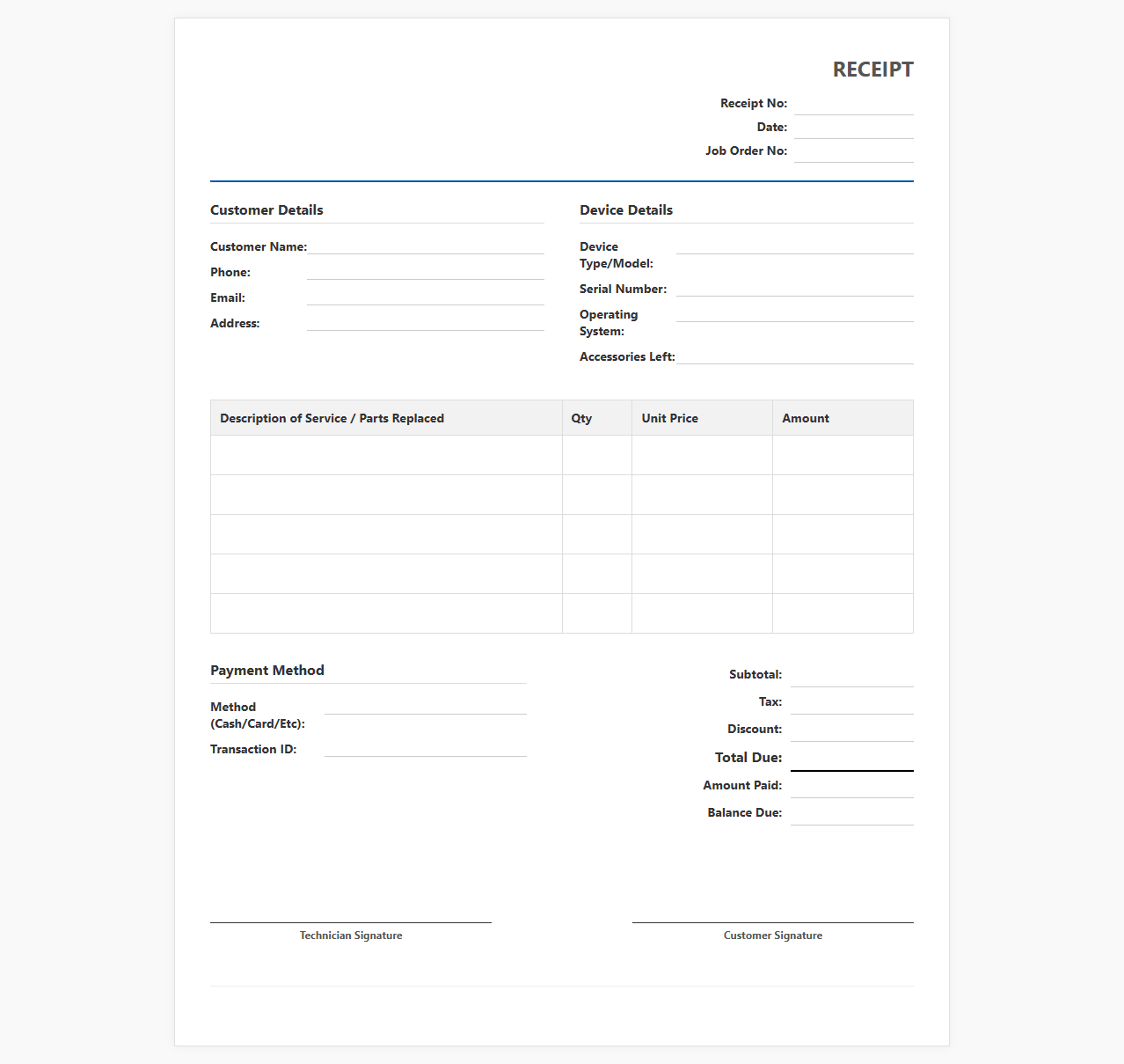 Computer Repair and Maintenance Receipt Template