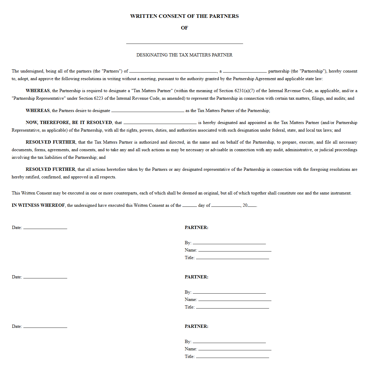 Consent Action of Partners Designating Tax Matters Partner