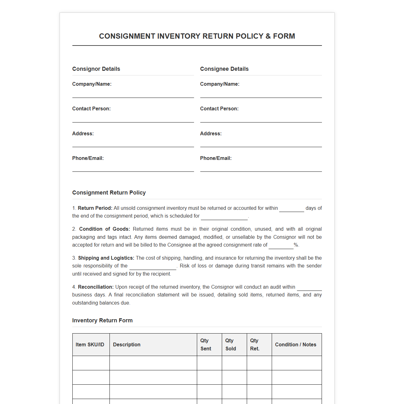 Consignment Inventory Return Policy and Form