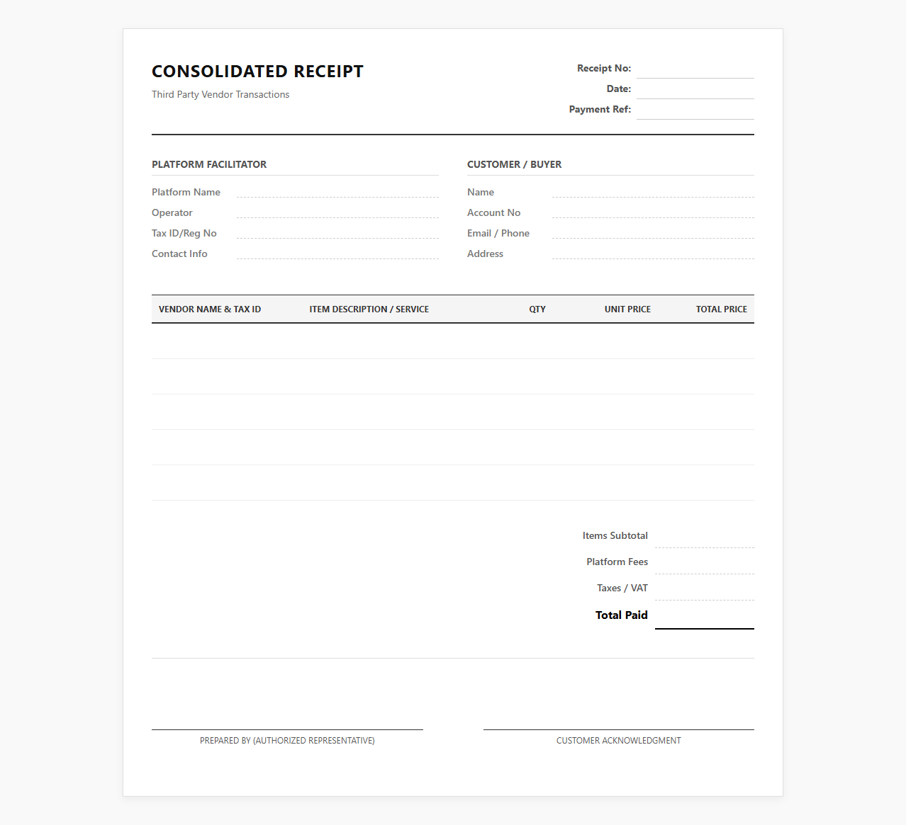 Consolidated Third Party Vendor Receipt Template
