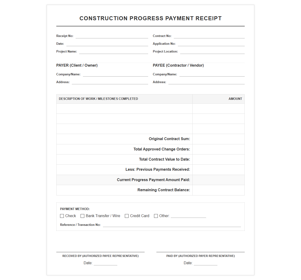 Construction Progress Payment Receipt Form