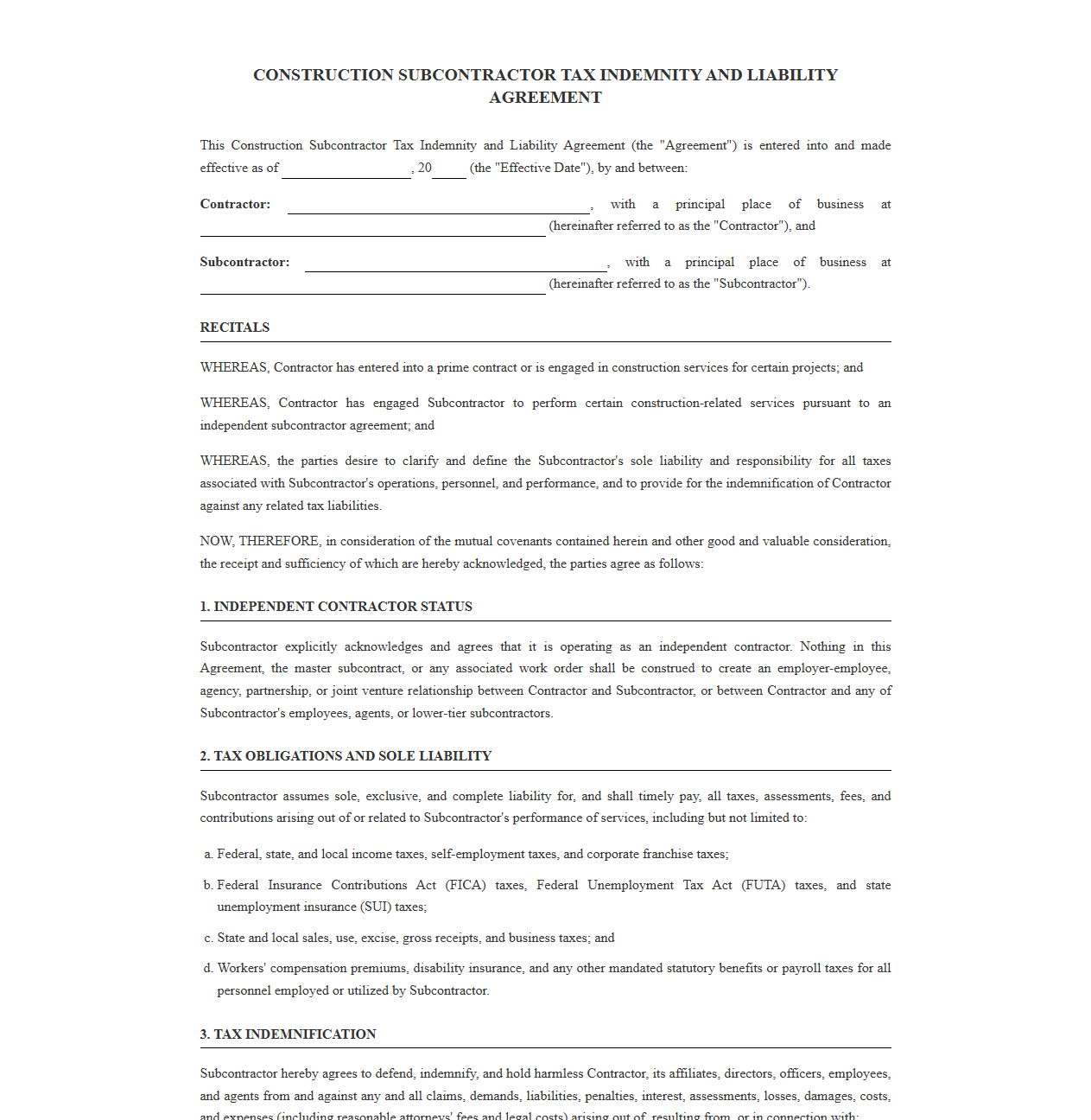 Construction Subcontractor Tax Indemnity and Liability Agreement