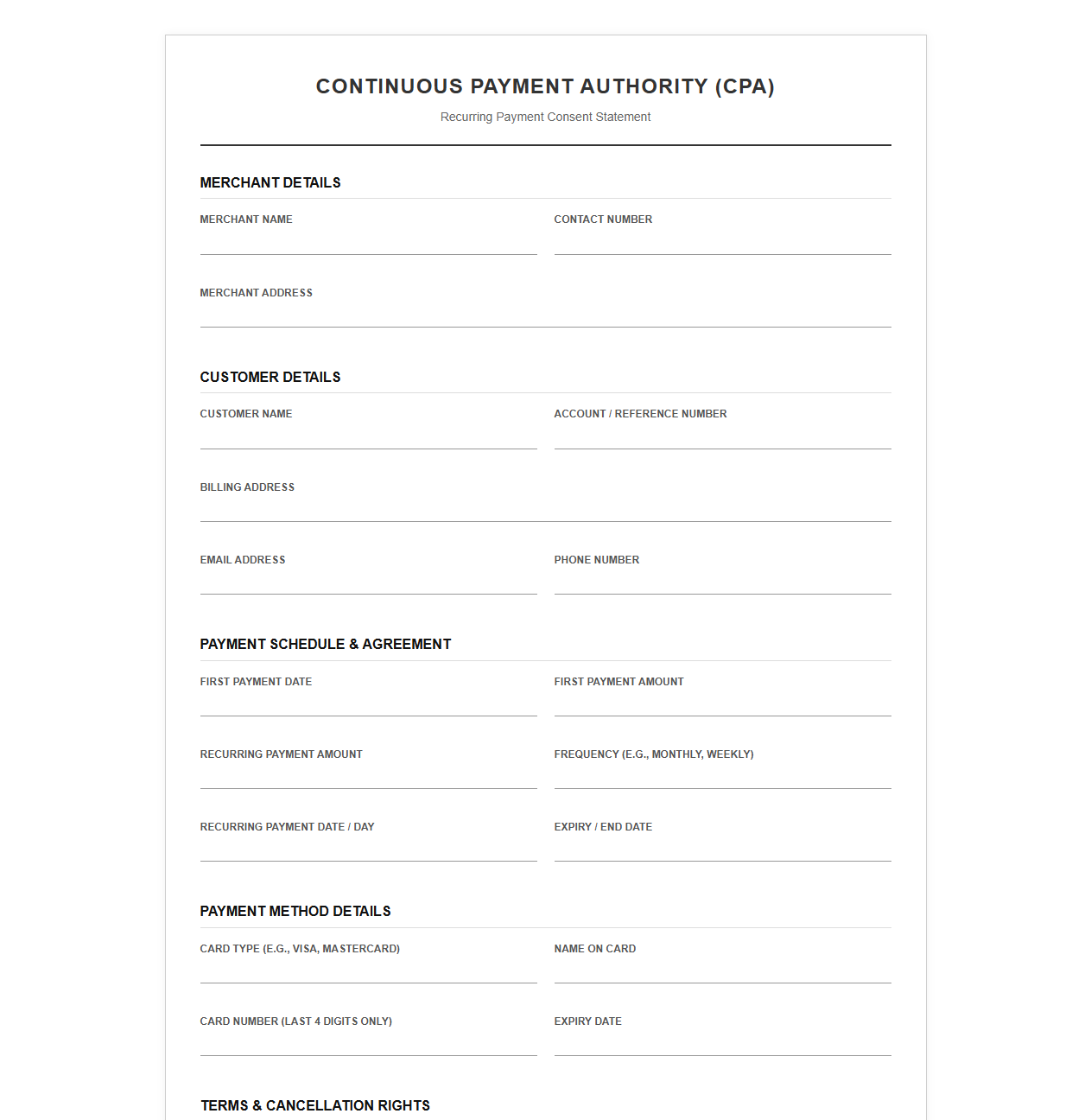 Continuous Payment Authority Statement Template