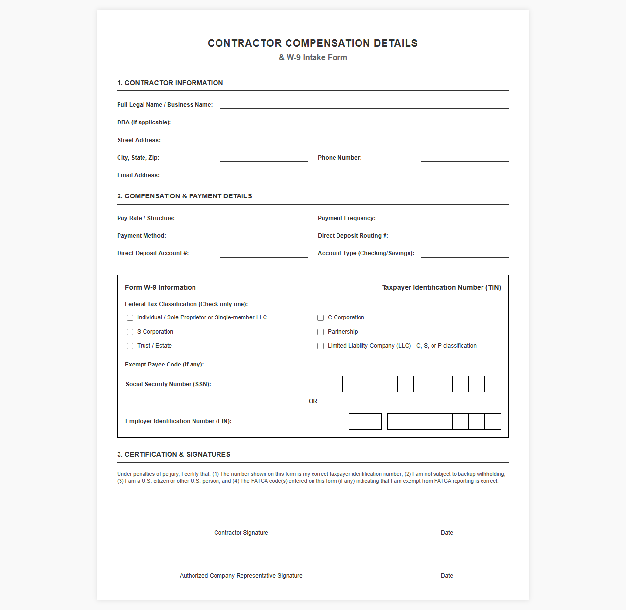 Contractor Compensation Details and W-9 Intake Form