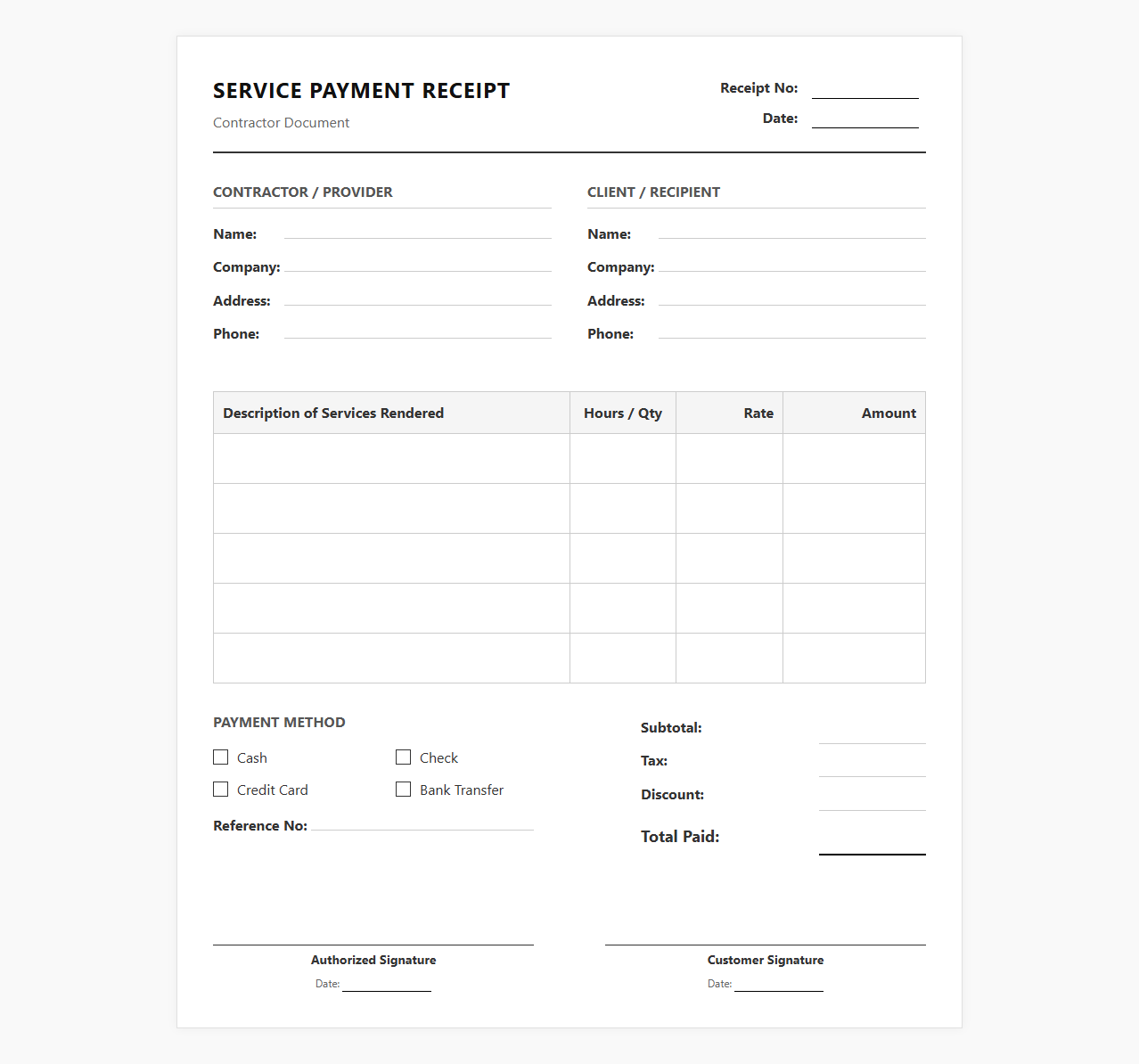 Contractor Service Payment Receipt Form
