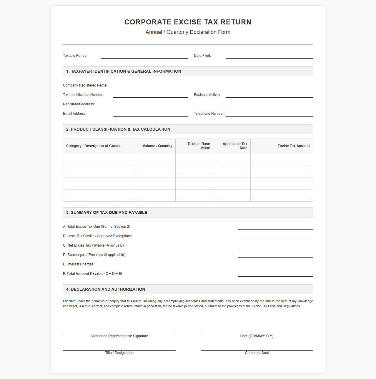 Corporate Excise Tax Declaration Template