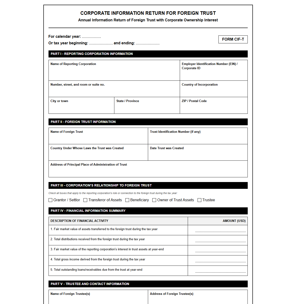 Corporate Information Return Template for Overseas Trusts