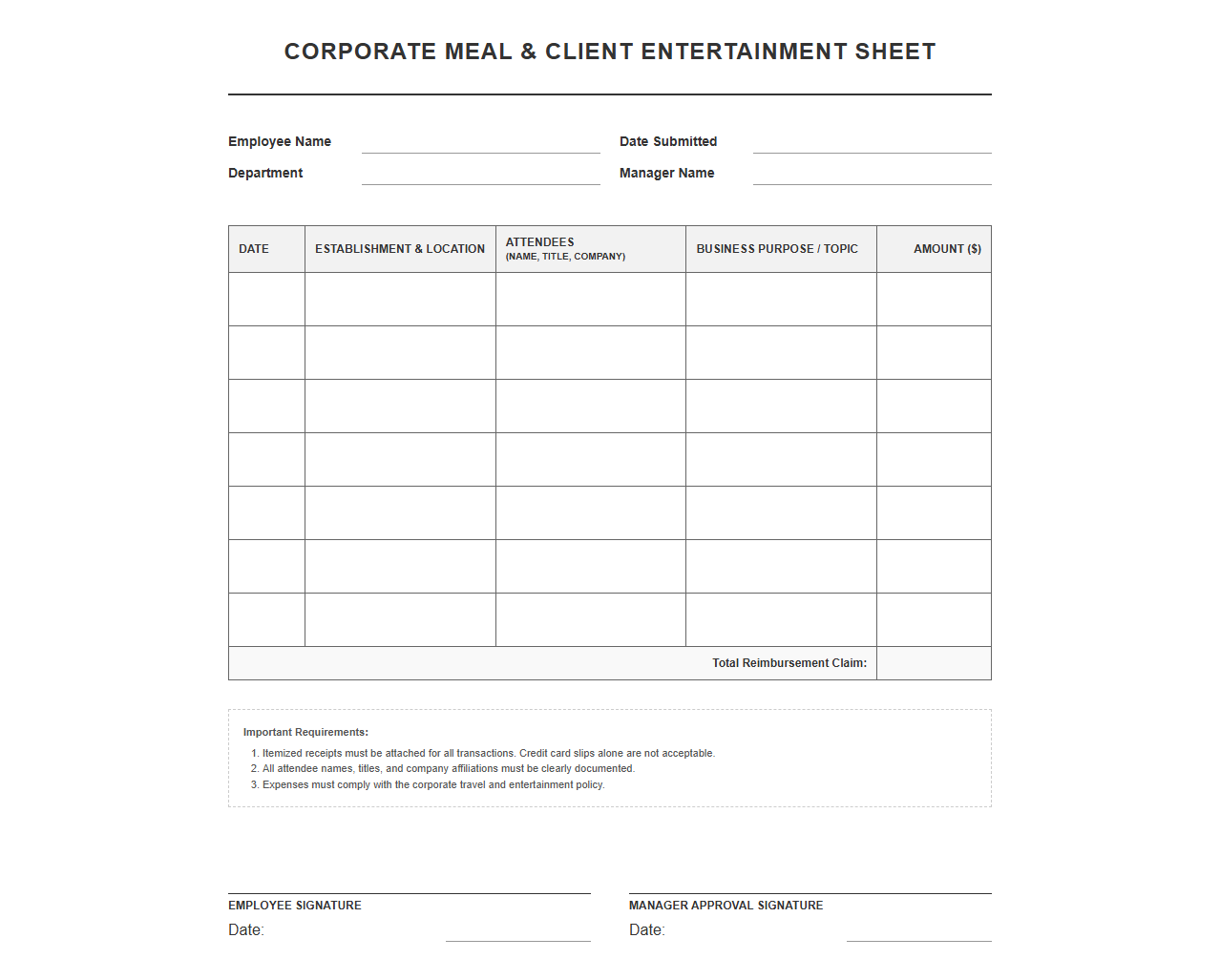 Corporate Meal and Client Entertainment Sheet