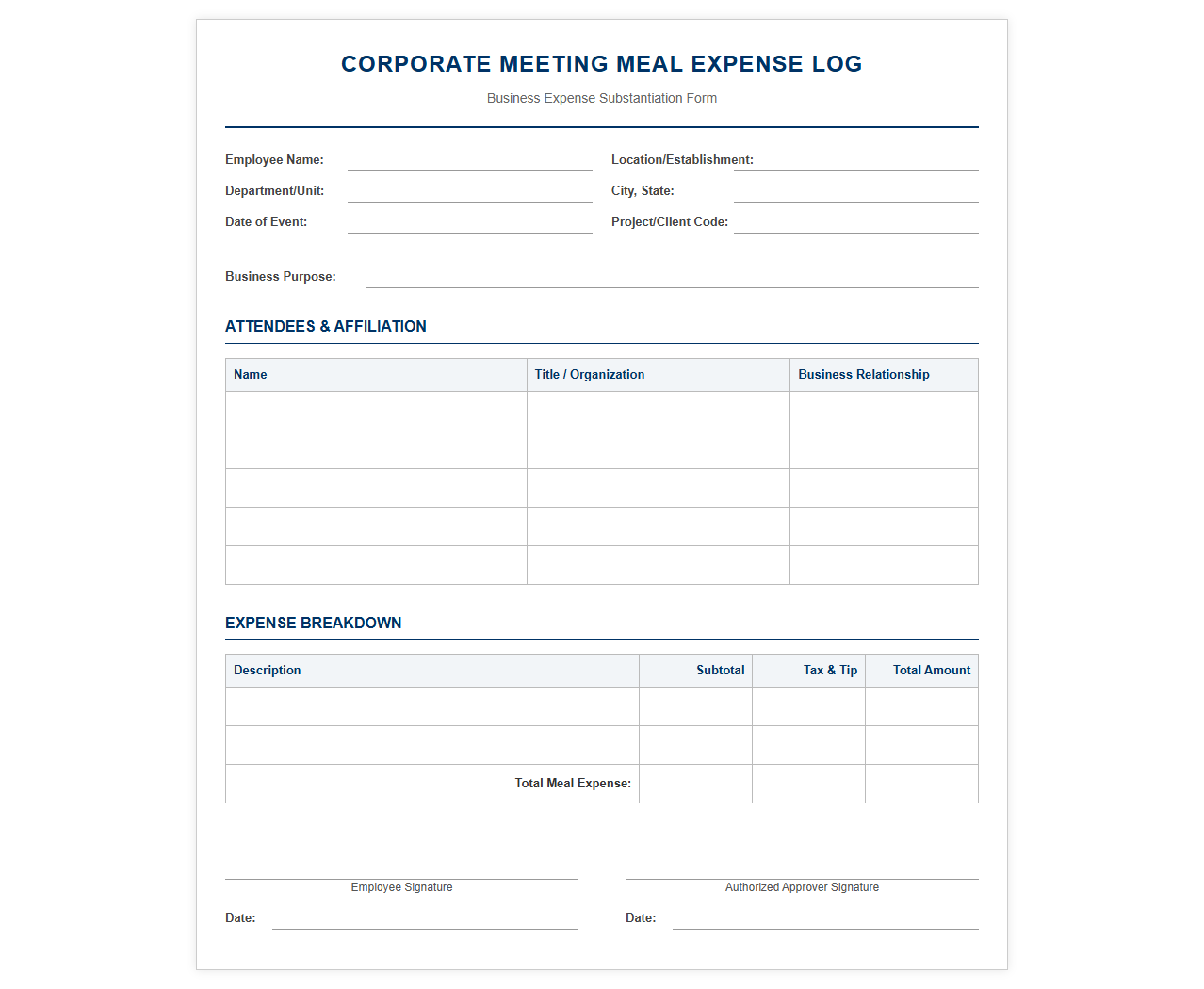 Corporate Meeting Meal Expense Log