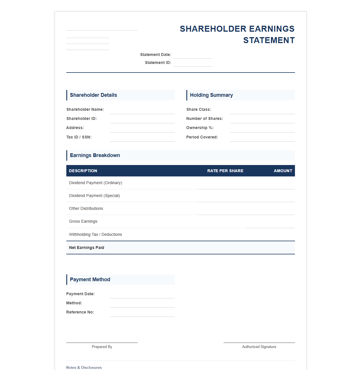 Corporate Shareholder Earnings Statement Template