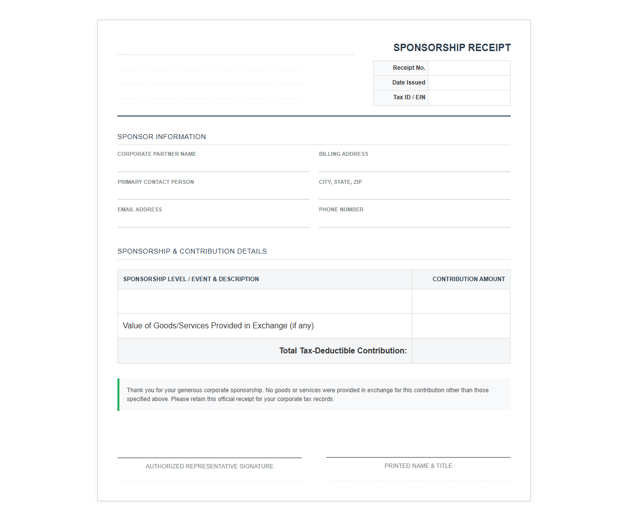 Corporate Sponsorship Charitable Receipt Template