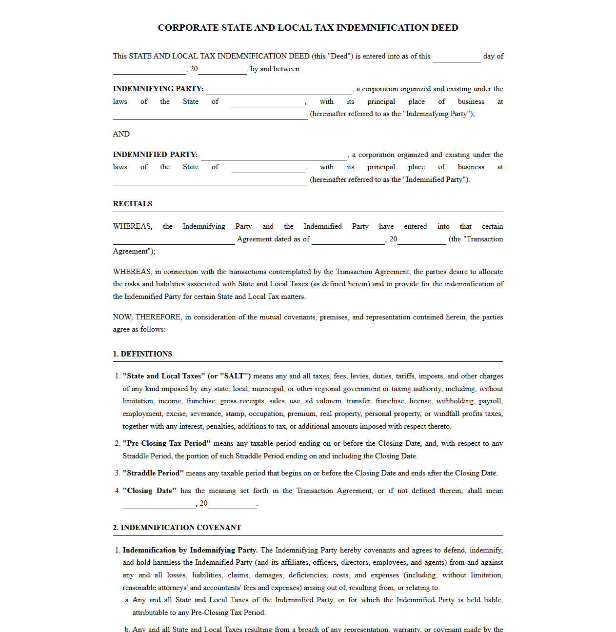 Corporate State and Local Tax Indemnification Deed