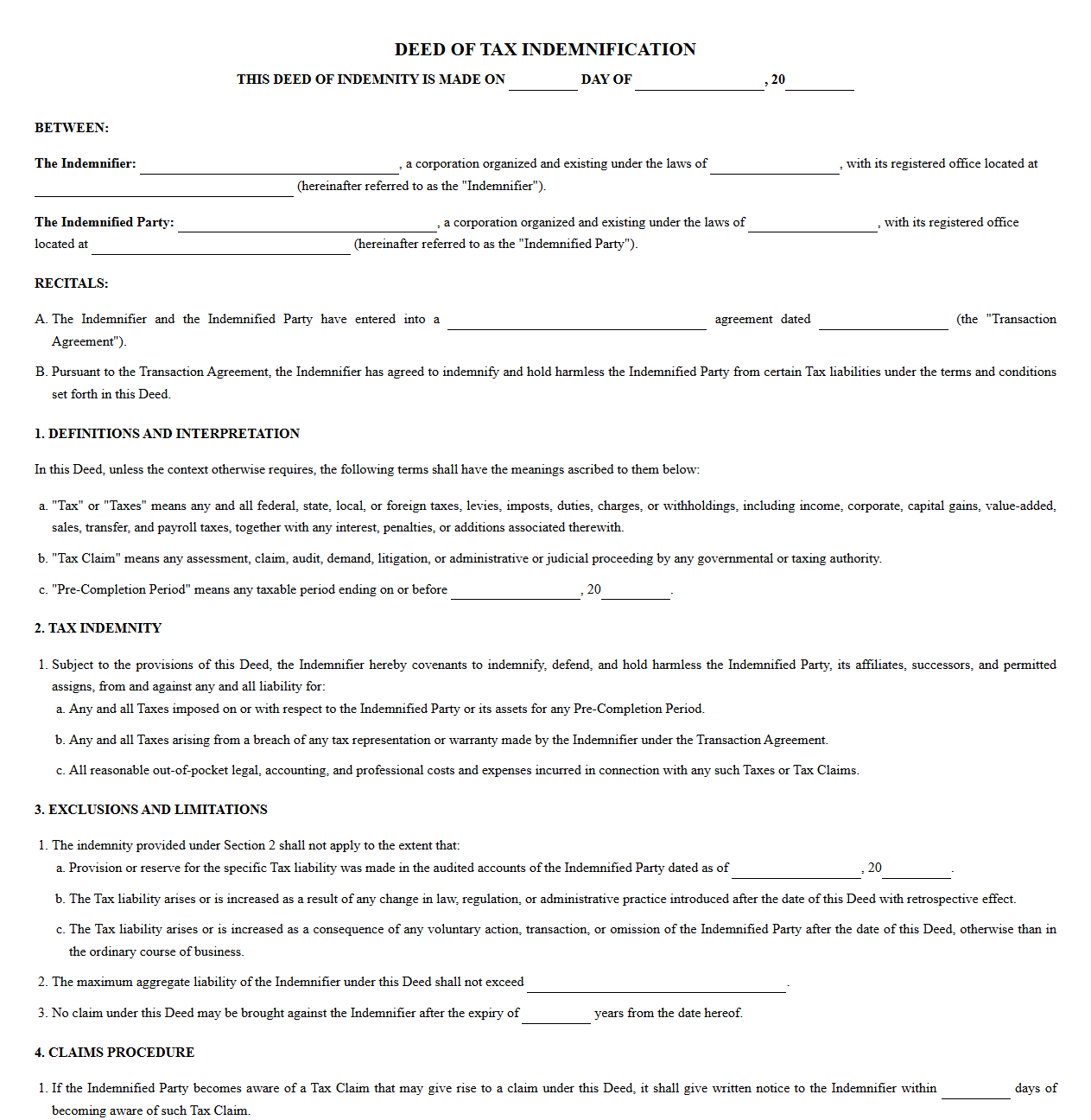 Corporate Tax Indemnification Deed