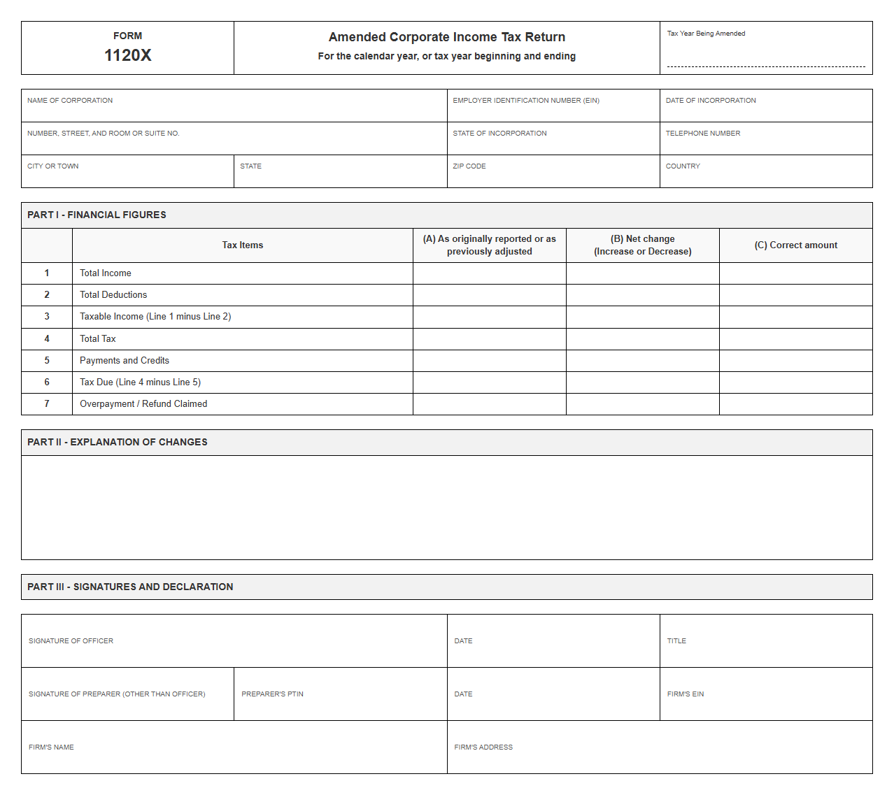 Corporate Tax Return Amendment Form Template