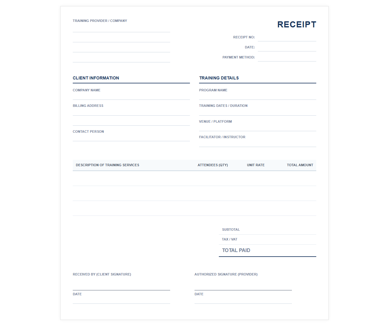 Corporate Training Program Receipt Template