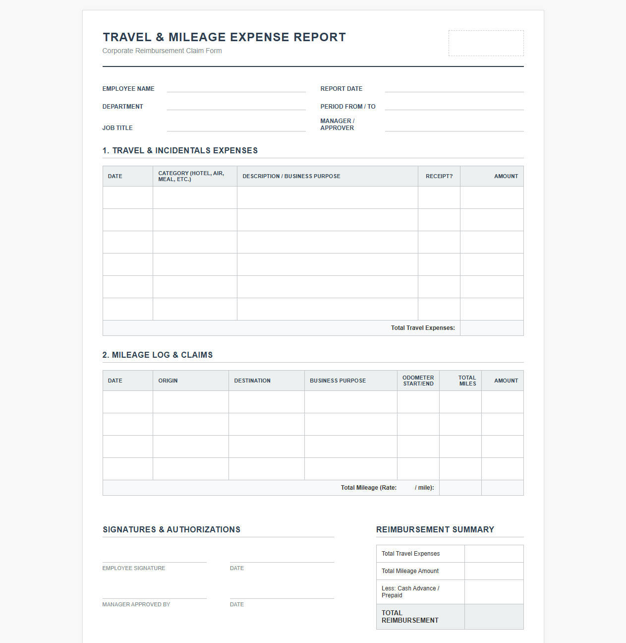Corporate Travel and Mileage Expense Report