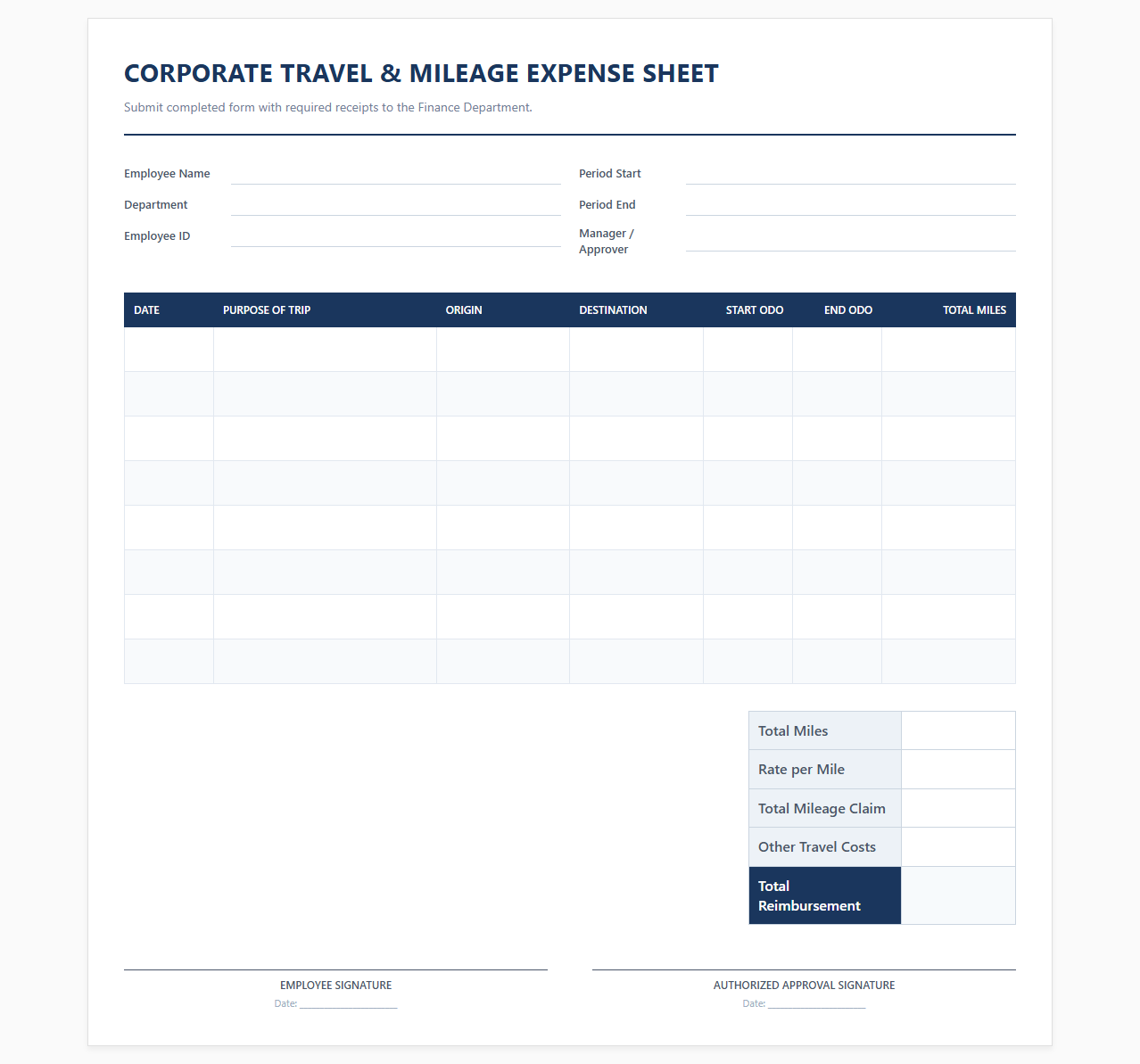 Corporate Travel and Mileage Expense Sheet