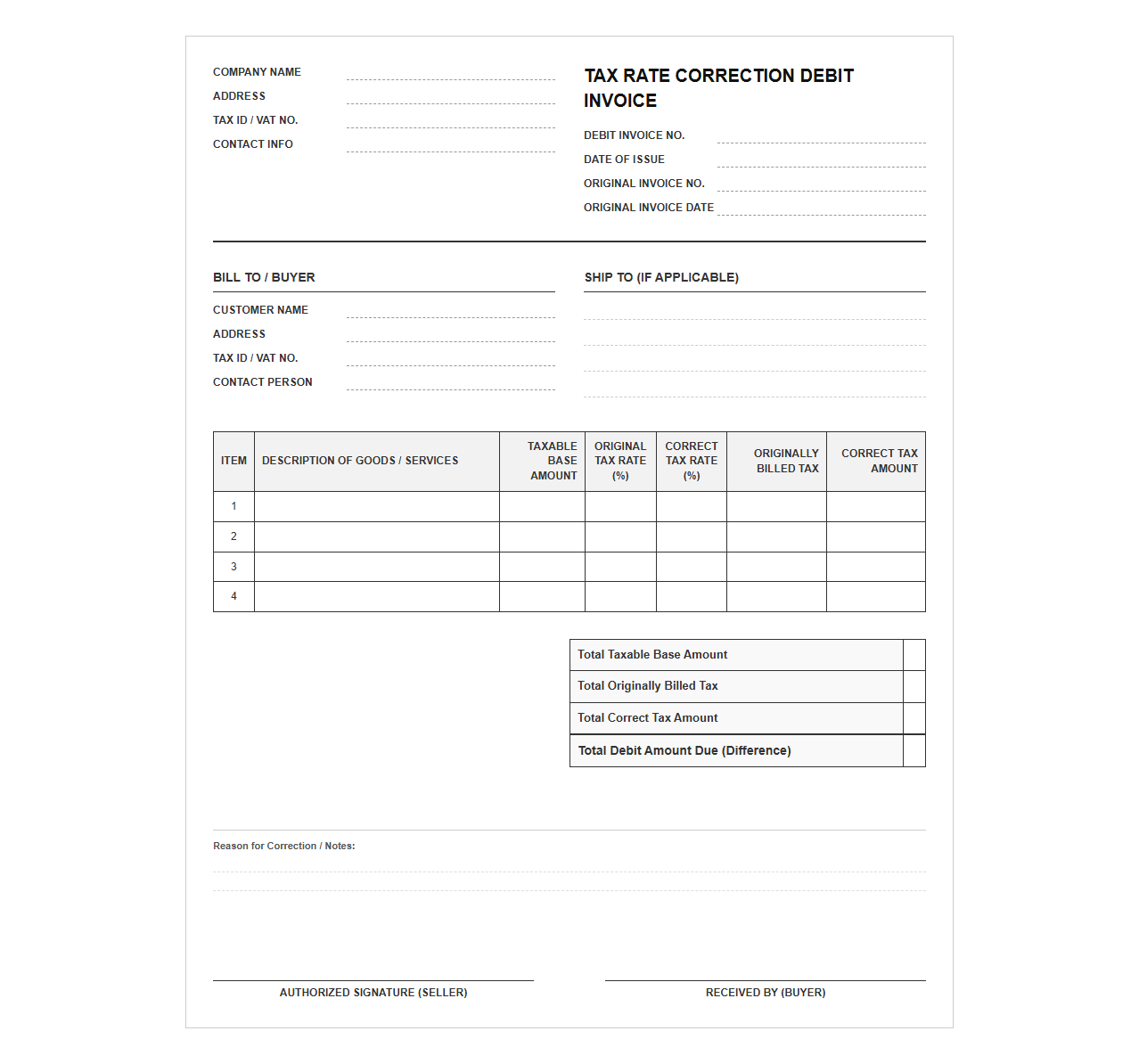 Corrected Tax Rate Debit Invoice Form