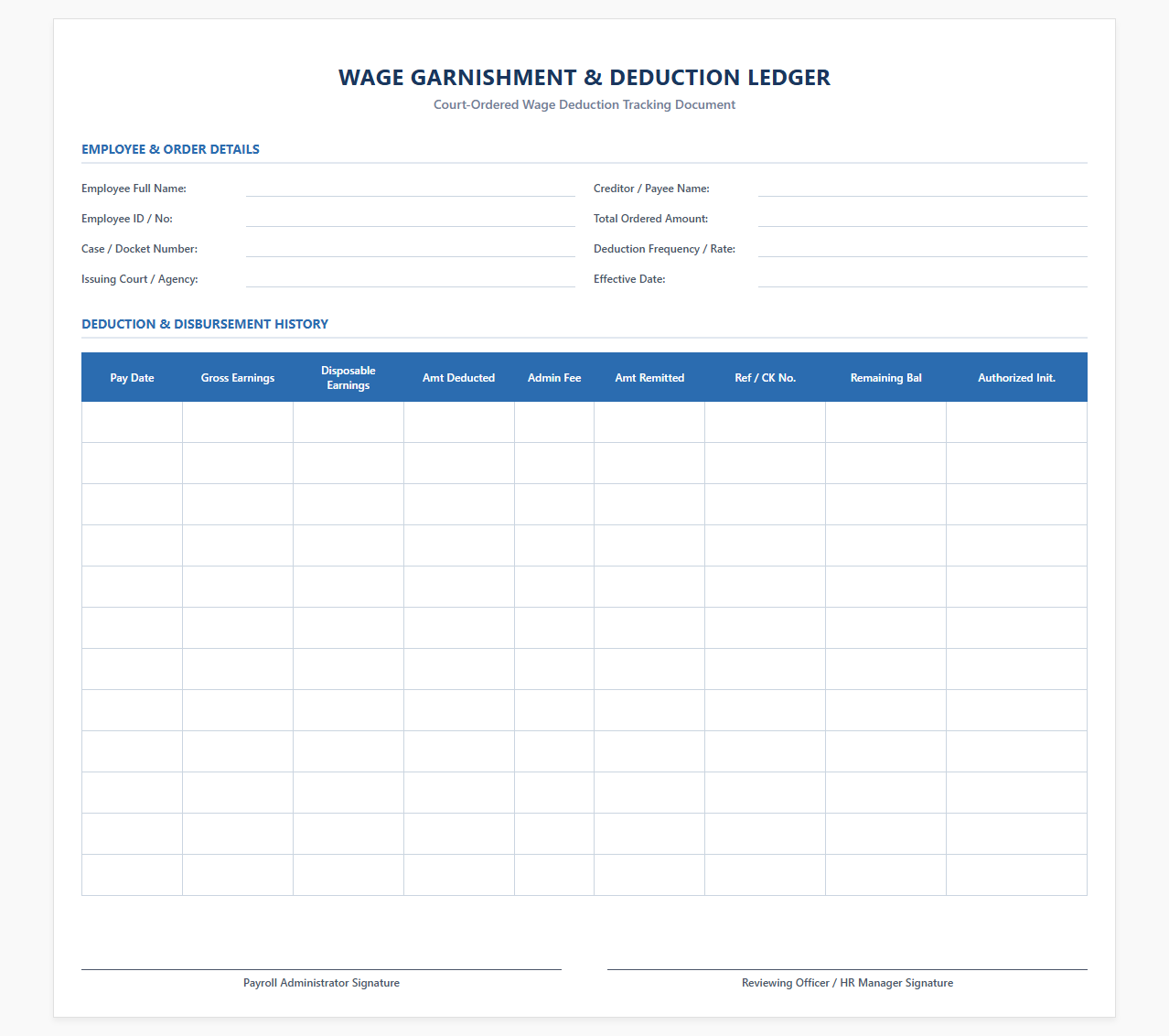 Court-Ordered Wage Deduction Tracking Ledger