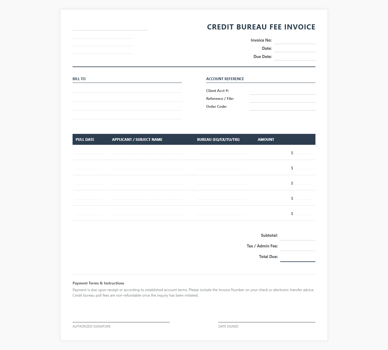 Credit Bureau Pull Fee Billing Invoice