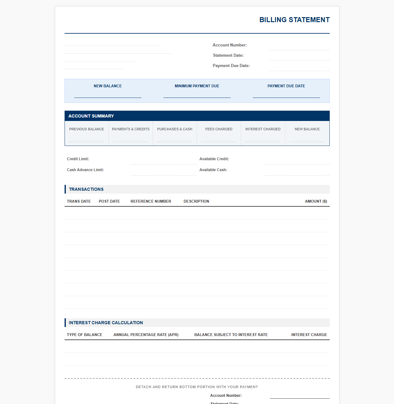 Credit Card Monthly Billing Statement Template
