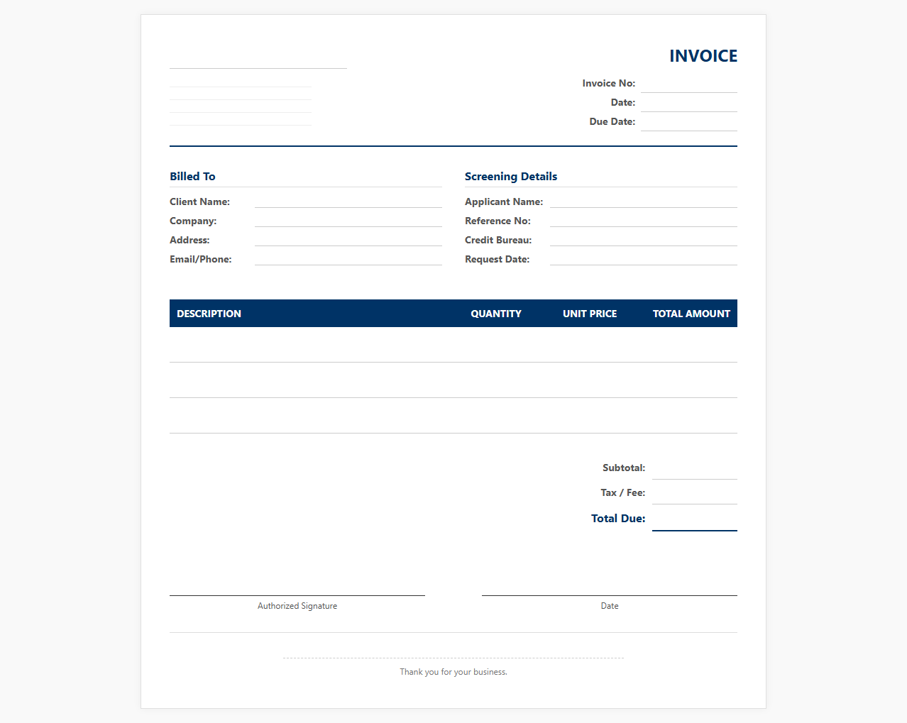 Credit Screening Fee Invoice Template