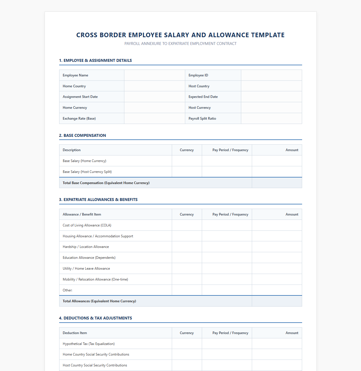 Cross Border Employee Salary and Allowance Template