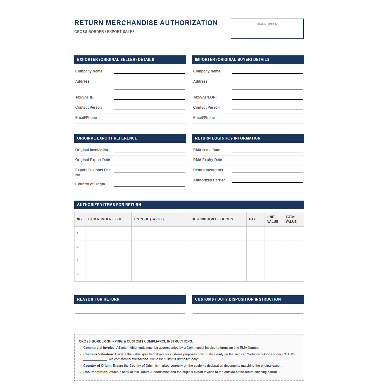 Cross-Border Sales Return Authorization Template