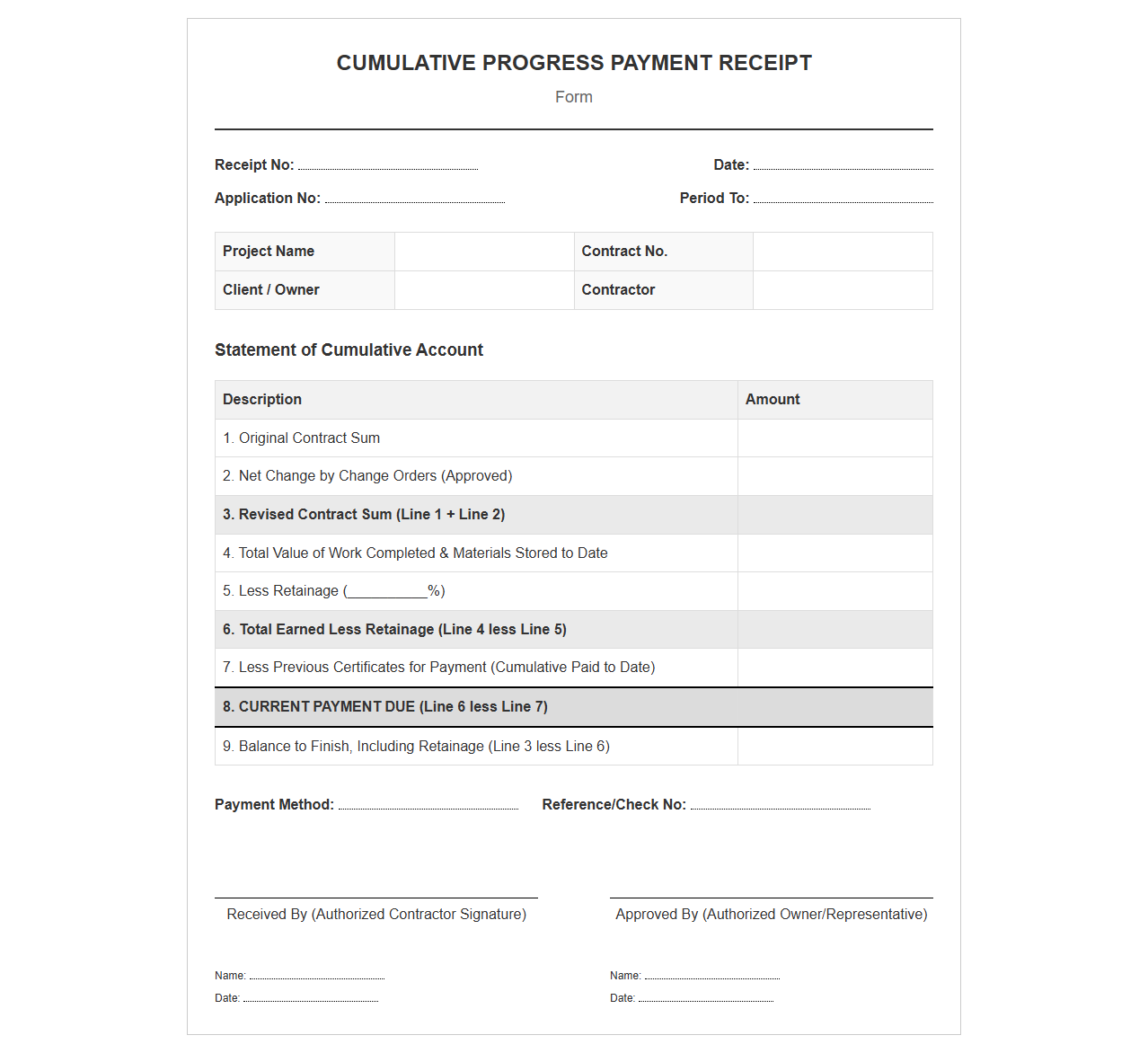 Cumulative Progress Payment Receipt Form